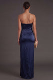 Sheath Black Strapless Long Bridesmaid Dress with Slit