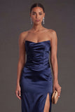 Sheath Black Strapless Long Bridesmaid Dress with Slit