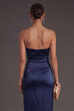 Sheath Black Strapless Long Bridesmaid Dress with Slit