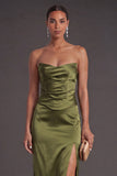 Sheath Black Strapless Long Bridesmaid Dress with Slit