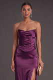 Sheath Black Strapless Long Bridesmaid Dress with Slit
