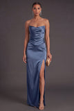 Sheath Black Strapless Long Bridesmaid Dress with Slit