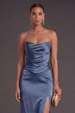 Sheath Black Strapless Long Bridesmaid Dress with Slit