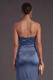 Sheath Black Strapless Long Bridesmaid Dress with Slit