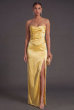 Sheath Black Strapless Long Bridesmaid Dress with Slit