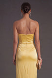 Sheath Black Strapless Long Bridesmaid Dress with Slit