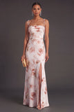 Ivory Red Floral Mermaid Spaghetti Straps Long Bridesmaid Dress with Slit