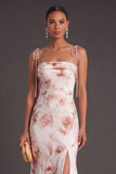 Ivory Red Floral Mermaid Spaghetti Straps Long Bridesmaid Dress with Slit