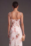 Ivory Red Floral Mermaid Spaghetti Straps Long Bridesmaid Dress with Slit