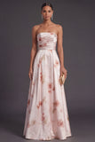 Ivory Red Floral Strapless A Line Long Bridesmaid Dress