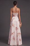 Ivory Red Floral Strapless A Line Long Bridesmaid Dress