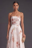 Ivory Red Floral Strapless A Line Long Bridesmaid Dress