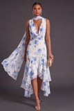 High Low Blue Floral A Line Neck Scarf Bridesmaid Dress