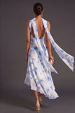 High Low Blue Floral A Line Neck Scarf Bridesmaid Dress