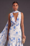 High Low Blue Floral A Line Neck Scarf Bridesmaid Dress