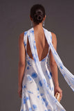 High Low Blue Floral A Line Neck Scarf Bridesmaid Dress