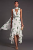High Low Blue Floral A Line Neck Scarf Bridesmaid Dress