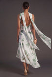 High Low Blue Floral A Line Neck Scarf Bridesmaid Dress
