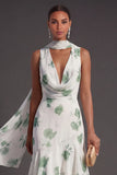 High Low Blue Floral A Line Neck Scarf Bridesmaid Dress