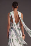 High Low Blue Floral A Line Neck Scarf Bridesmaid Dress