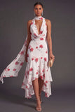 High Low Blue Floral A Line Neck Scarf Bridesmaid Dress