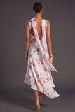 High Low Blue Floral A Line Neck Scarf Bridesmaid Dress