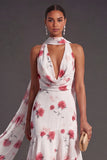 High Low Blue Floral A Line Neck Scarf Bridesmaid Dress