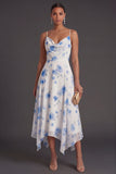 Spaghetti Straps Green Floral A Line Asymmetrical Bridesmaid Dress