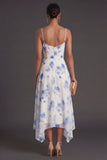Spaghetti Straps Green Floral A Line Asymmetrical Bridesmaid Dress