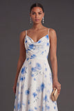 Spaghetti Straps Green Floral A Line Asymmetrical Bridesmaid Dress