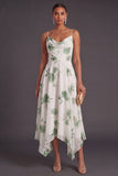 Spaghetti Straps Green Floral A Line Asymmetrical Bridesmaid Dress