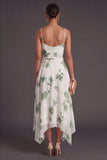 Spaghetti Straps Green Floral A Line Asymmetrical Bridesmaid Dress