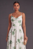 Spaghetti Straps Green Floral A Line Asymmetrical Bridesmaid Dress