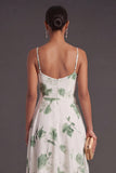 Spaghetti Straps Green Floral A Line Asymmetrical Bridesmaid Dress