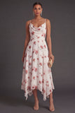 Spaghetti Straps Green Floral A Line Asymmetrical Bridesmaid Dress