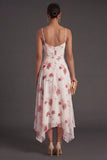 Spaghetti Straps Green Floral A Line Asymmetrical Bridesmaid Dress
