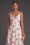 Spaghetti Straps Green Floral A Line Asymmetrical Bridesmaid Dress