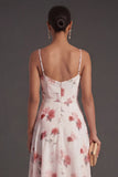 Spaghetti Straps Green Floral A Line Asymmetrical Bridesmaid Dress