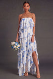 Red Floral Tiered Strapless A Line Long Bridesmaid Dress