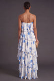 Red Floral Tiered Strapless A Line Long Bridesmaid Dress
