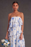 Red Floral Tiered Strapless A Line Long Bridesmaid Dress