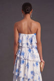 Red Floral Tiered Strapless A Line Long Bridesmaid Dress