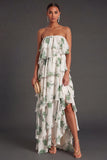Red Floral Tiered Strapless A Line Long Bridesmaid Dress