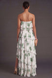 Red Floral Tiered Strapless A Line Long Bridesmaid Dress