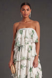 Red Floral Tiered Strapless A Line Long Bridesmaid Dress