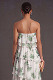 Red Floral Tiered Strapless A Line Long Bridesmaid Dress