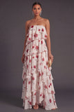 Red Floral Tiered Strapless A Line Long Bridesmaid Dress