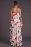Red Floral Tiered Strapless A Line Long Bridesmaid Dress