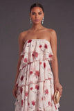 Red Floral Tiered Strapless A Line Long Bridesmaid Dress