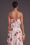 Red Floral Tiered Strapless A Line Long Bridesmaid Dress